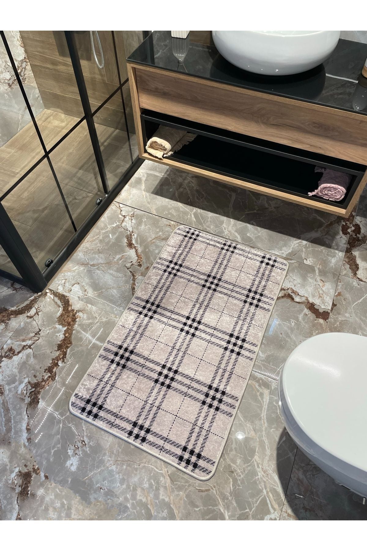 Tekli Ekose Desen Banyo Paspası - Bej (60X100 Ölçü)