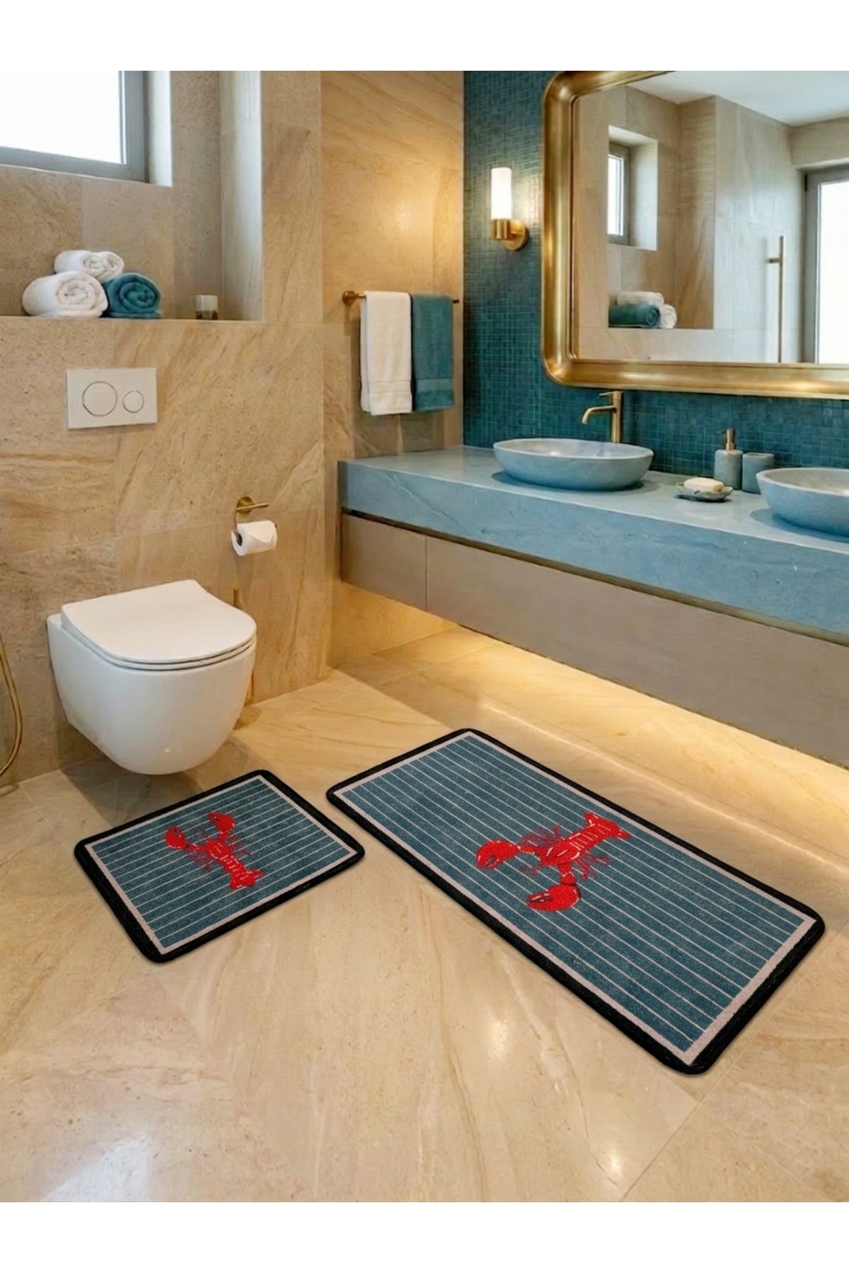 2'li Istakoz Desen Lateks Taban Banyo Paspası (60X100-60x50)