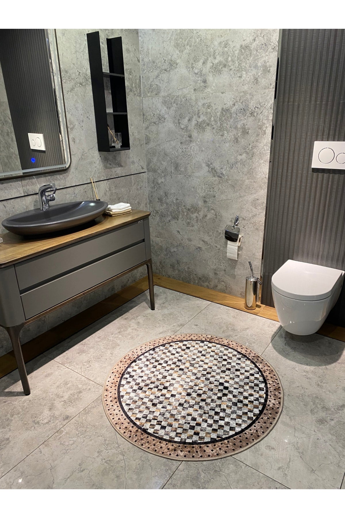 Robert Mavi Dama Desen Saçaksız Yuvarlak Banyo Paspası - Mavi Ebat 100x100