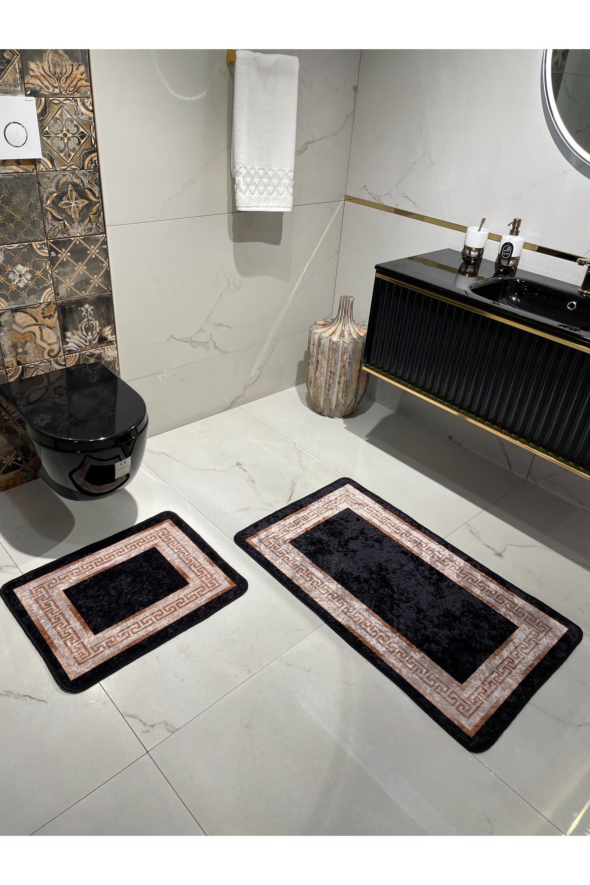 Bordürlü Desenli 2'li Lateks Deri Taban Banyo Paspas Takımı (60X100 - 60X50) Siyah
