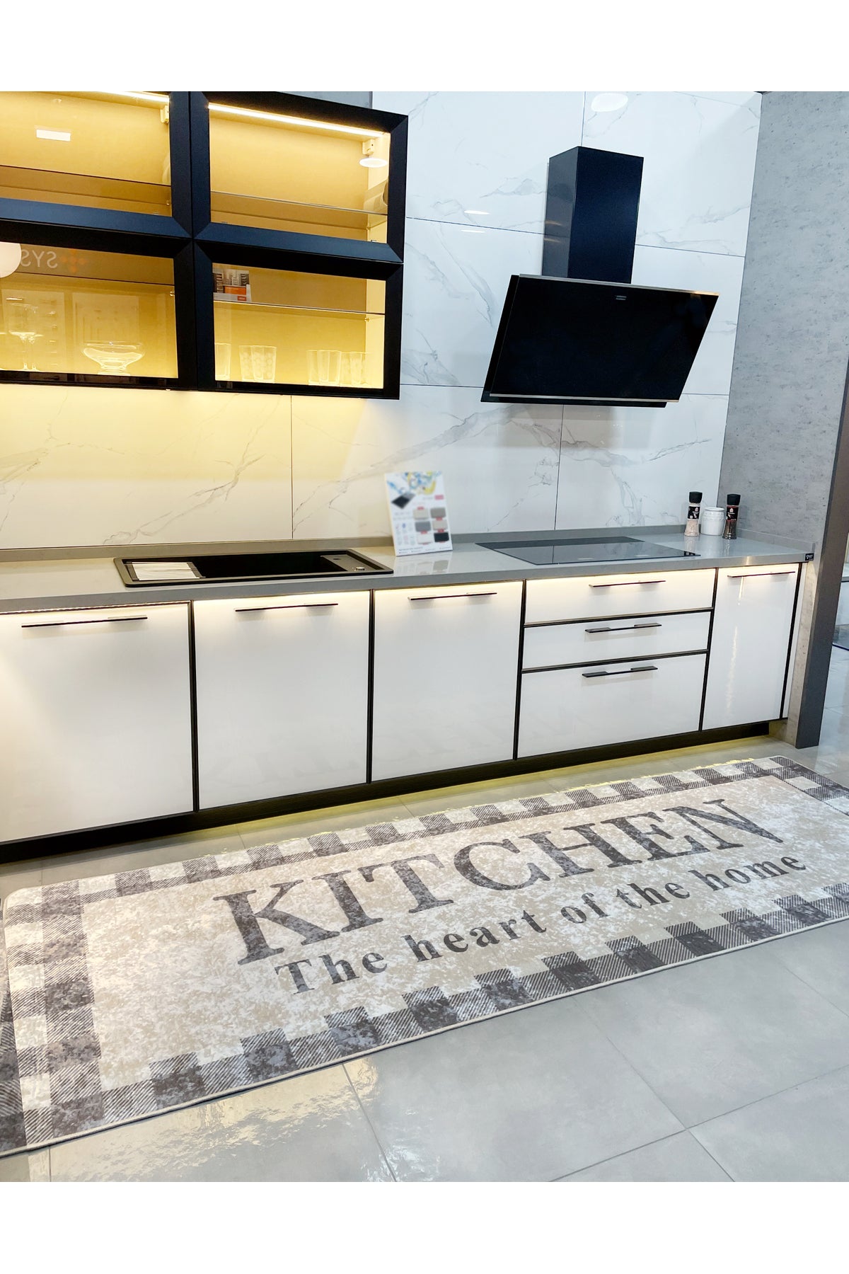 Bej Siyah Kitchen Lateks Deri Taban Mutfak Halısı