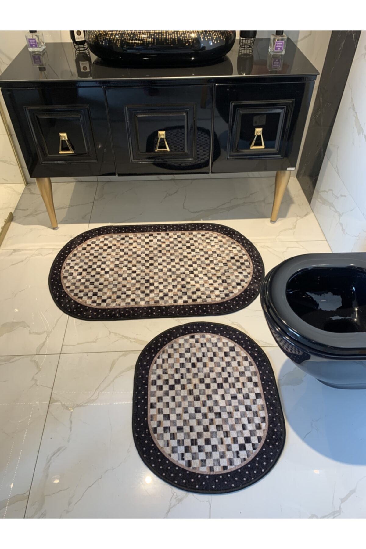 Minares Model Dama Desen 2'li Lateks Taban Banyo Paspas Takımı (60X100 - 60X50) Siyah-kahverengi