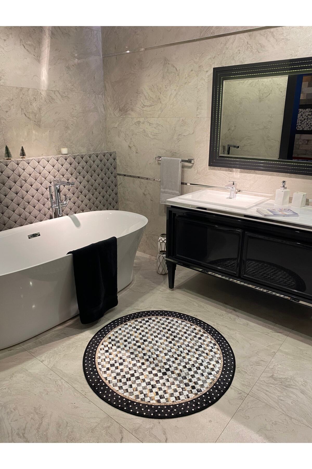 Robert Mavi Dama Desen Saçaksız Yuvarlak Banyo Paspası - Mavi Ebat 100x100