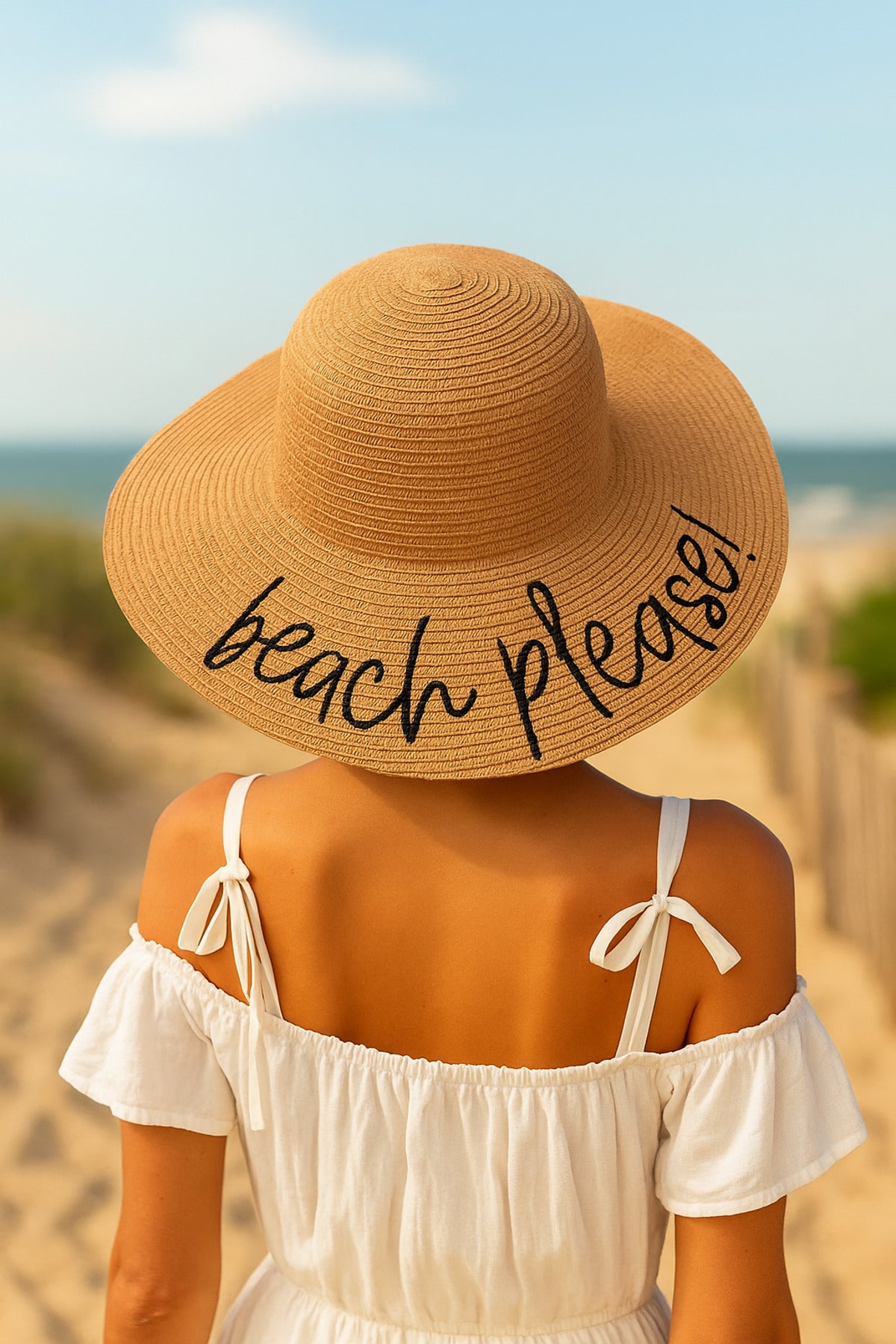 Beach Please Nakışlı Camel Hasır Şapka Hsr2029