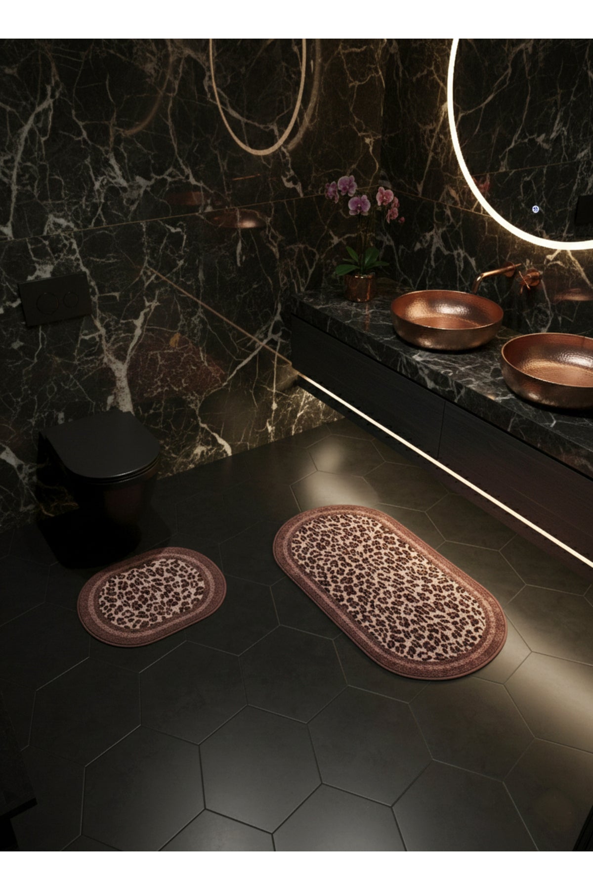 Lepoar Desenli 2 li Deri Taban Oval Banyo Paspas (60x100 - 60x50)