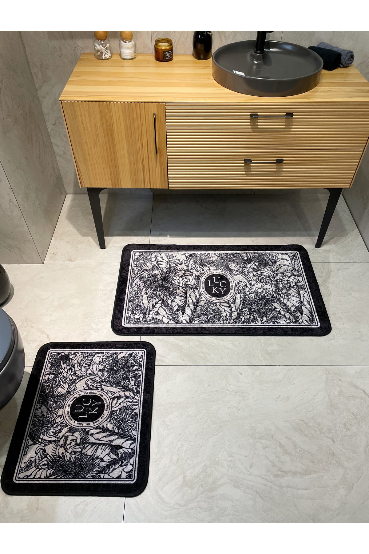 2 li Çiçek Desenli 60x100 - 60x50 Lucky Lateks Taban Banyo Paspas