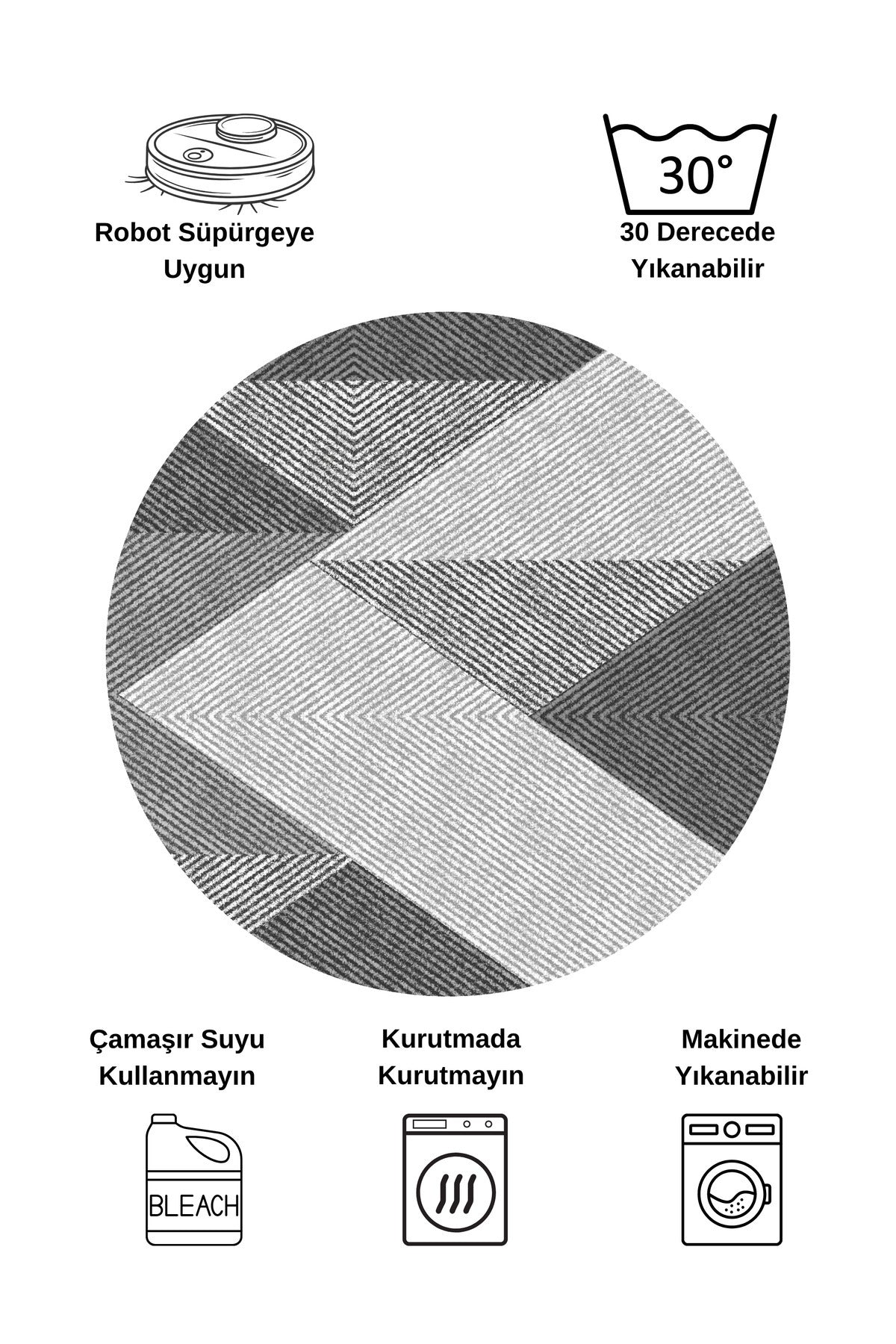 Gri Renk Geometrik Desen Kaymaz Taban Yolluk Halı