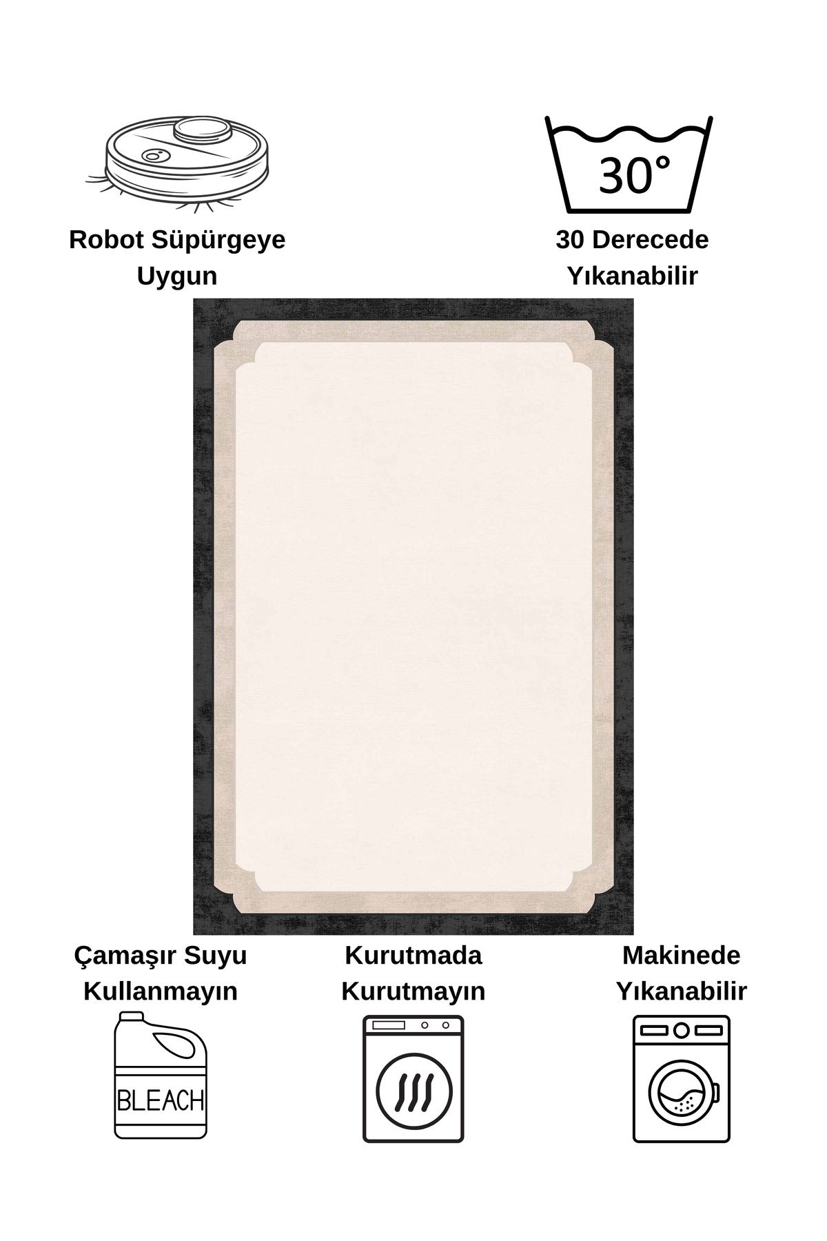 Bej Kahve Çerçeve Kenarlı Modern Desenli Lateks Taban Halı