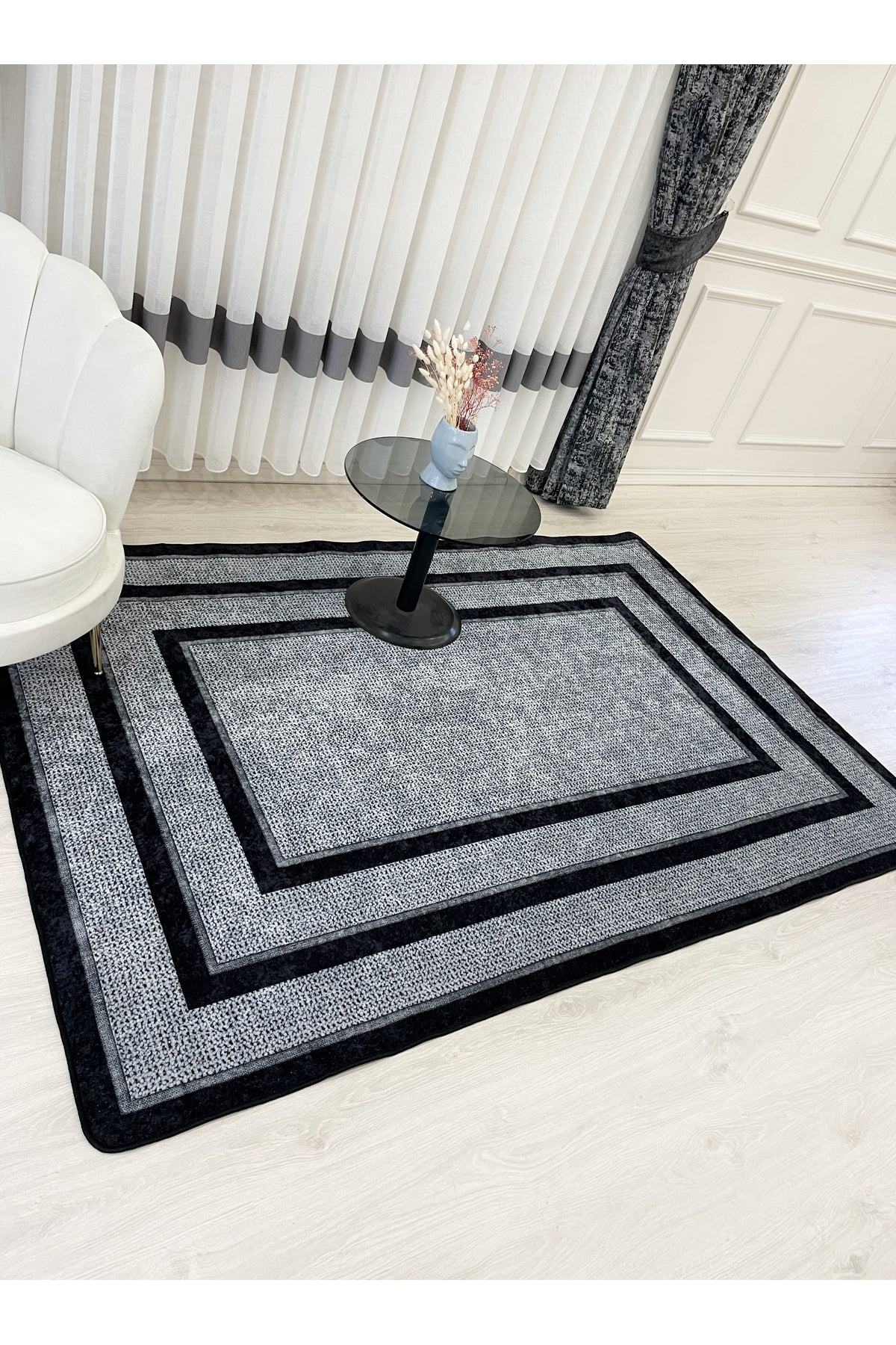 Kahve - Siyah - Hasır Jüt Sisal Bordürlü Görünümlü Dekoratif Halı