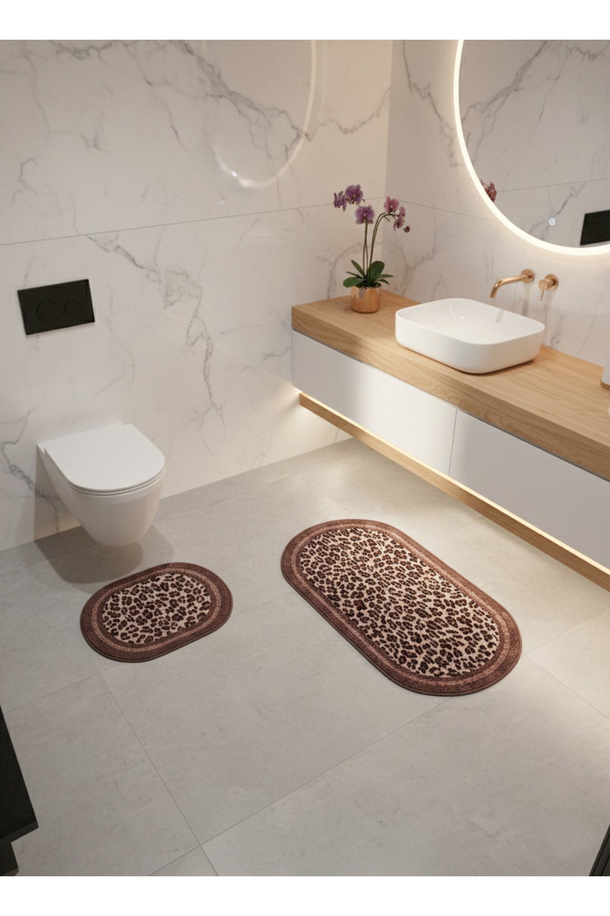 Lepoar Desenli 2 li Deri Taban Oval Banyo Paspas (60x100 - 60x50)