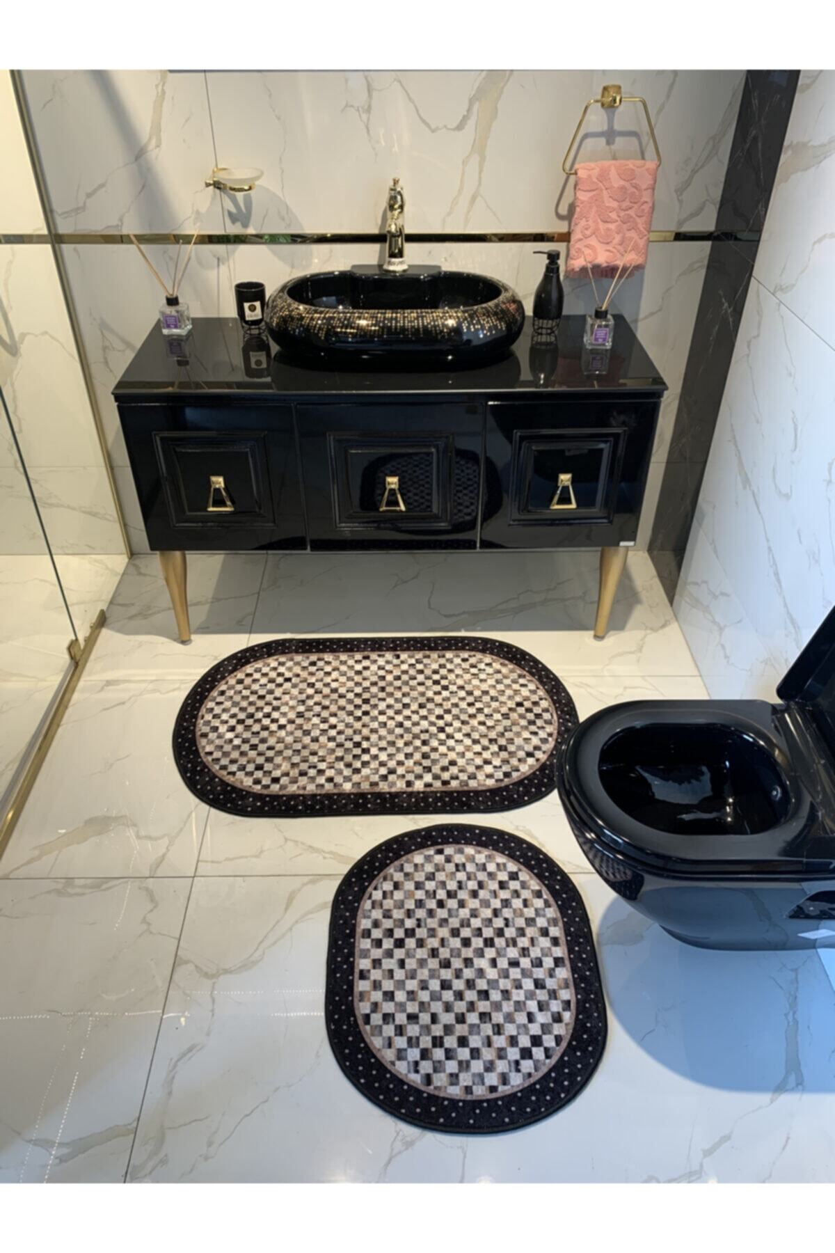 Minares Model Dama Desen 2'li Lateks Taban Banyo Paspas Takımı (60X100 - 60X50) Siyah-kahverengi