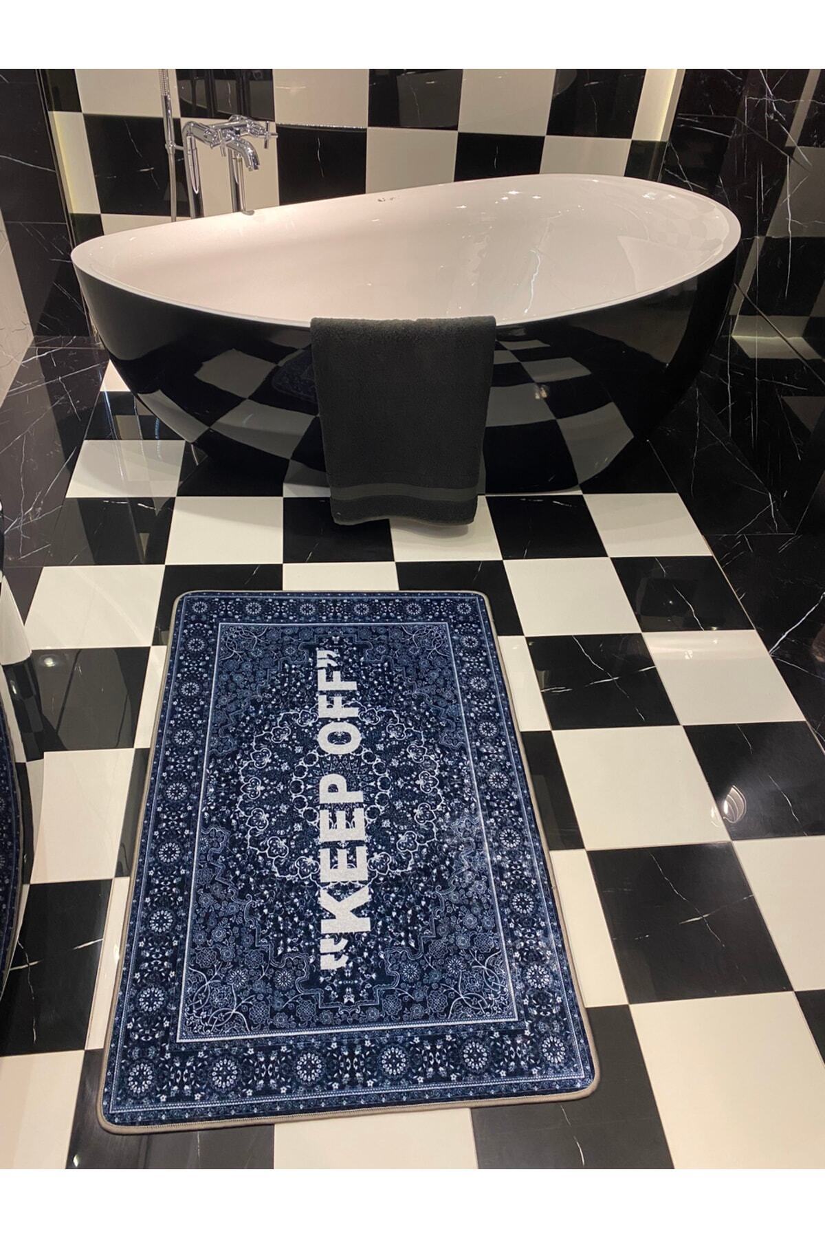 Keep Off Tekli Lateks Kaymaz Taban Su Geçirmez Banyo Paspas Takımı (80x120) Lacivert