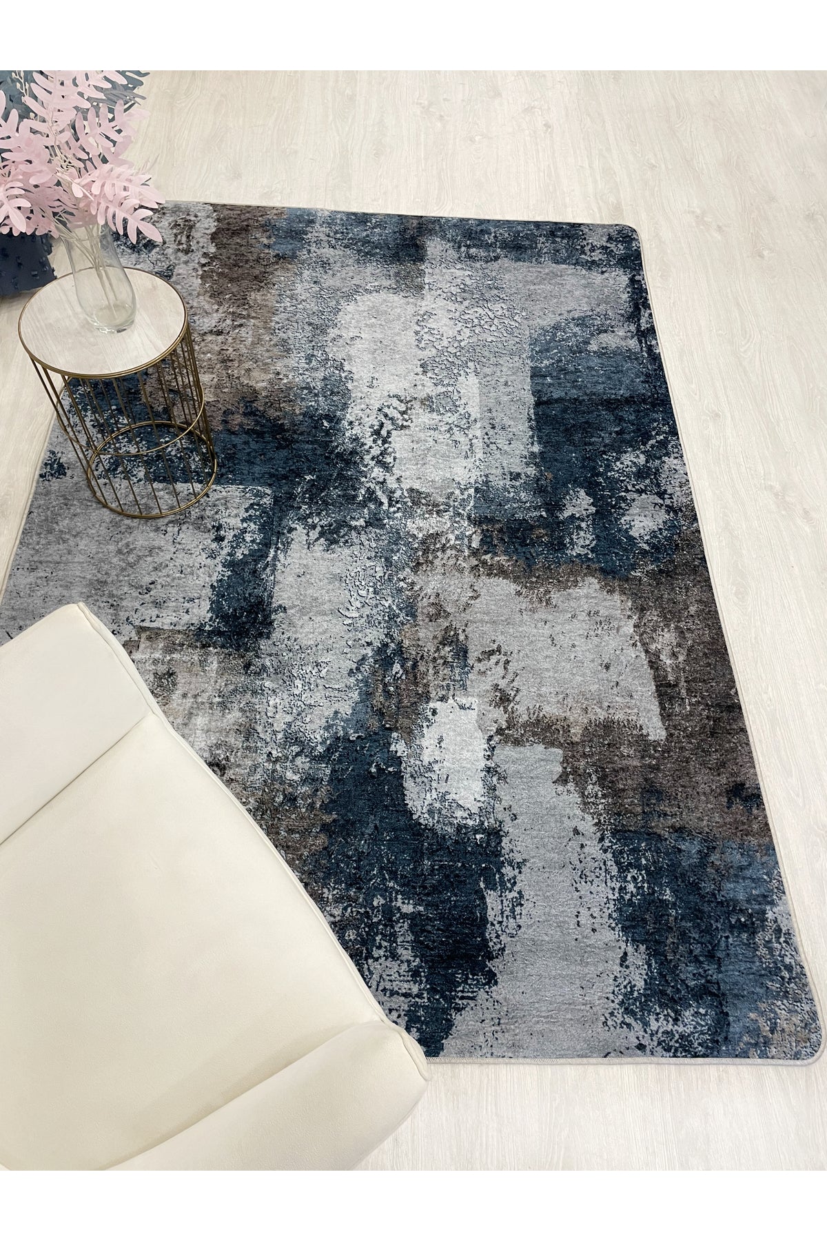 GRİ-LACİVERT Abstract Desenli Kaymaz Taban Yolluk Halı