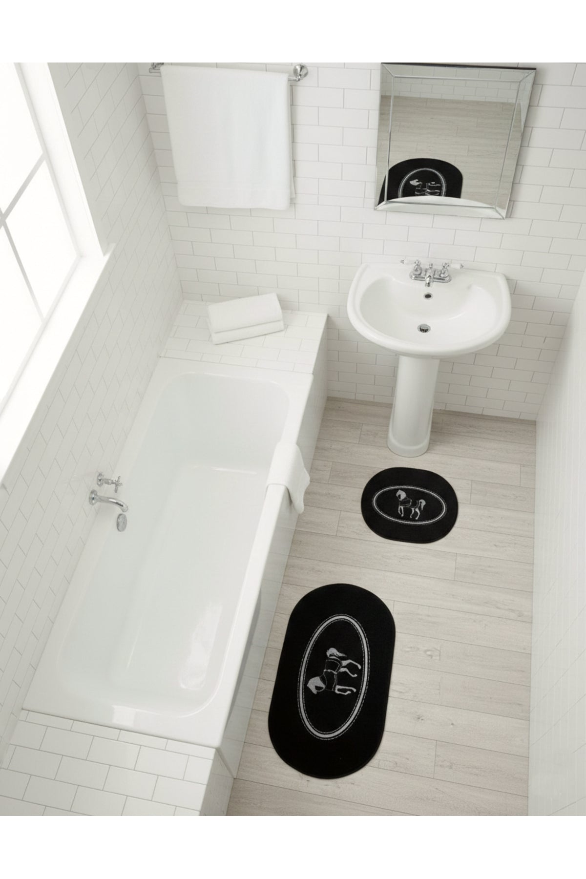 Siyah At Desen Horse Desenli 2'li Deri Taban Banyo Paspas (60x100 - 60x50)