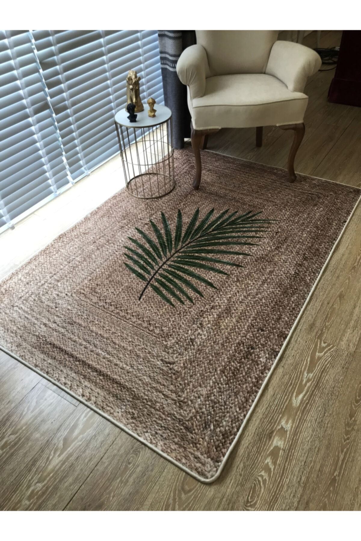 Hasır Jüt Görünümlü Yaprak Motif Lateks Kaymaz Taban Balkon ve Teras Halısı