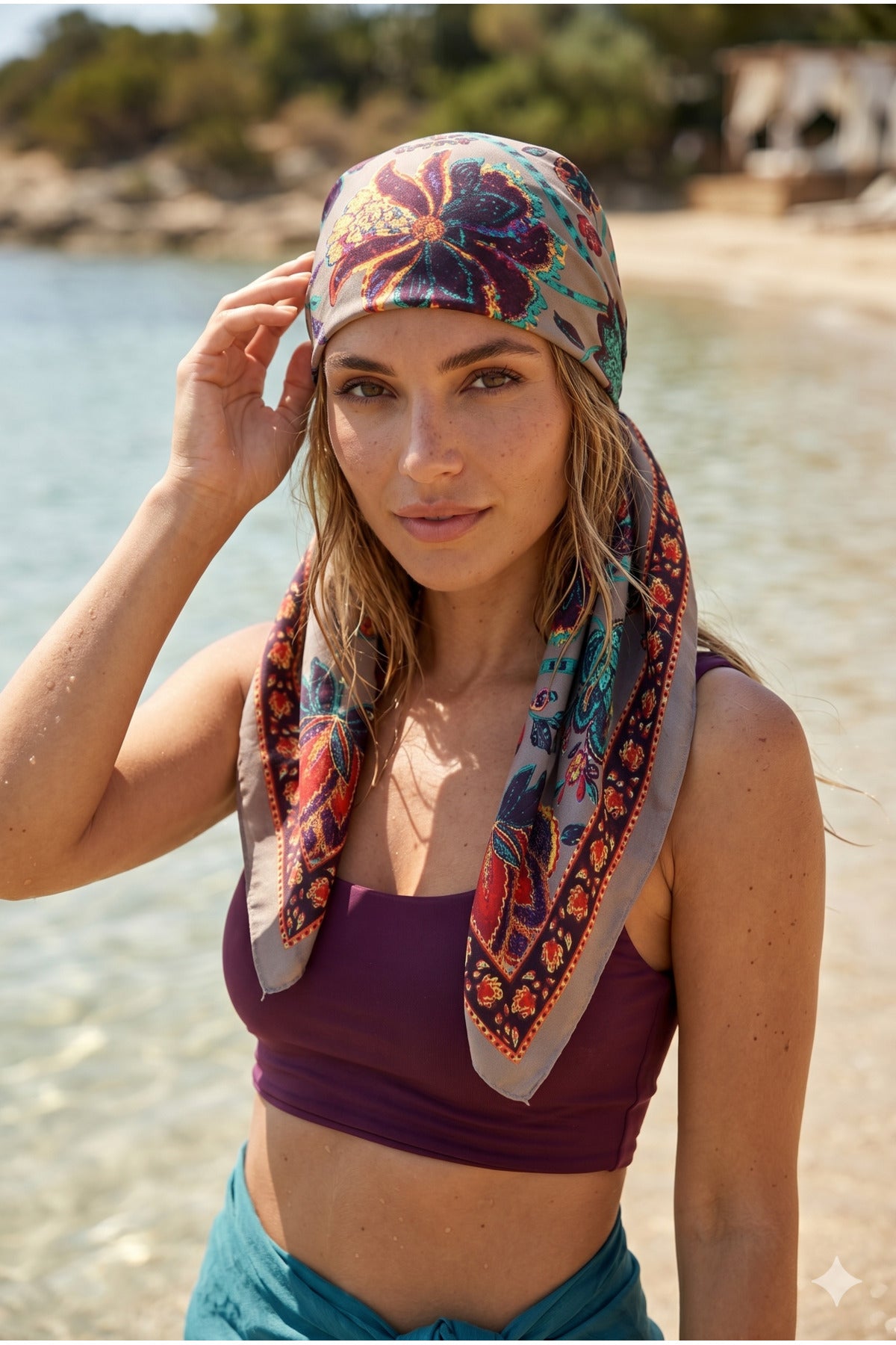 Kadın Desenli Saten Boyun Fuları Bandana 70x70 Bej Yeşil Turuncu FLR2008