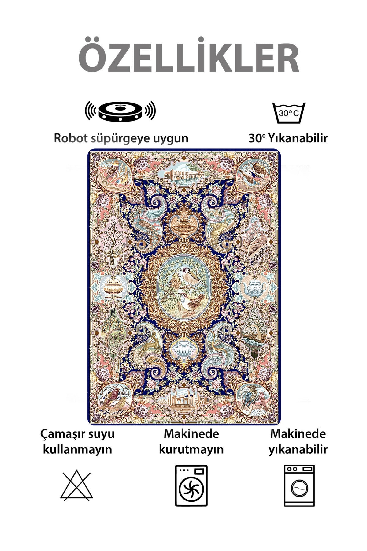 Kuş Motifli Klasik Desen Saçaklı Lateks Taban Halı