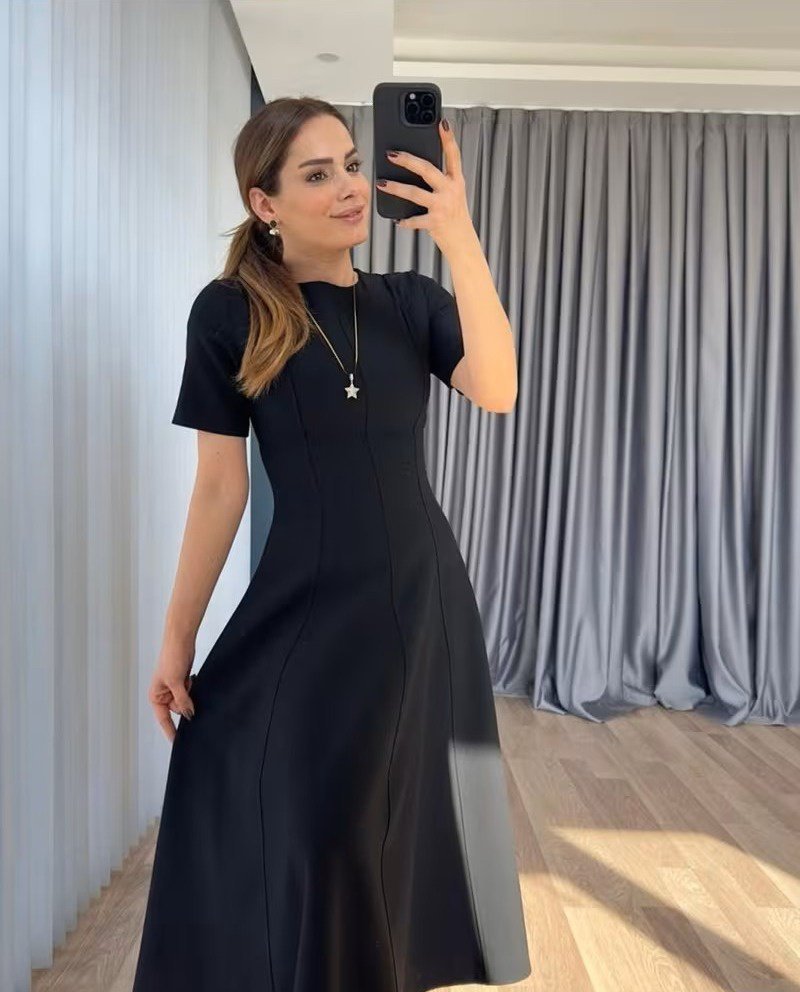 Women's Short Sleeve Crew Neck Maxi Length Imported Crepe Dress