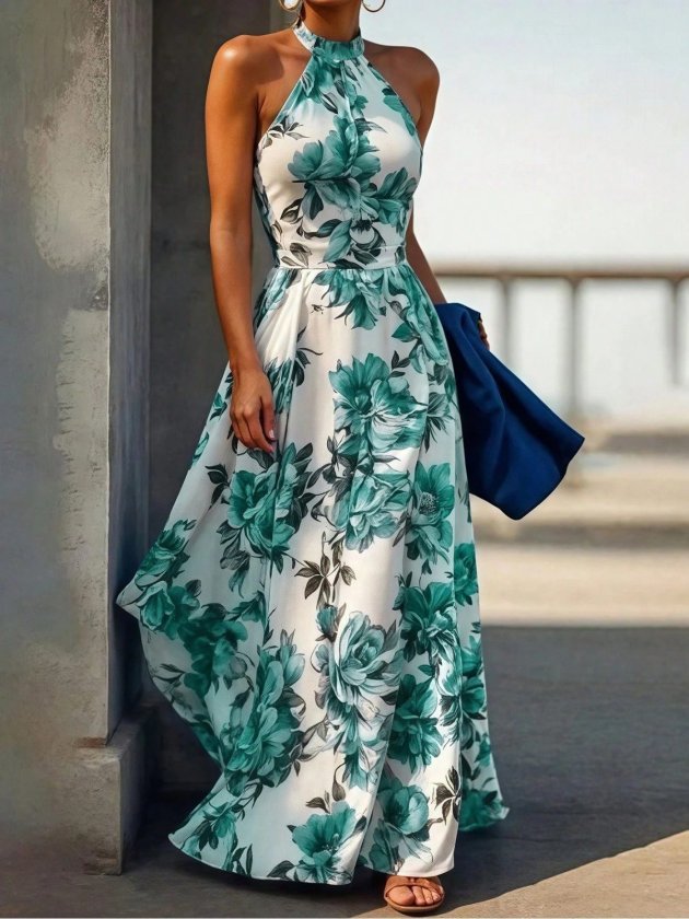 Women's Off-Shoulder Turtleneck Patterned Long Supreme Dress