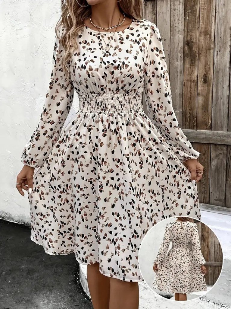 Women's Long Sleeve Boot Collar Elastic Waist Midi Supreme Dress