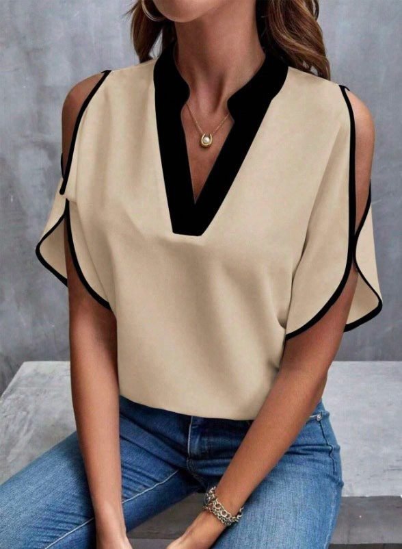 Women's Short Sleeve V Neck Imported Crepe Blouse