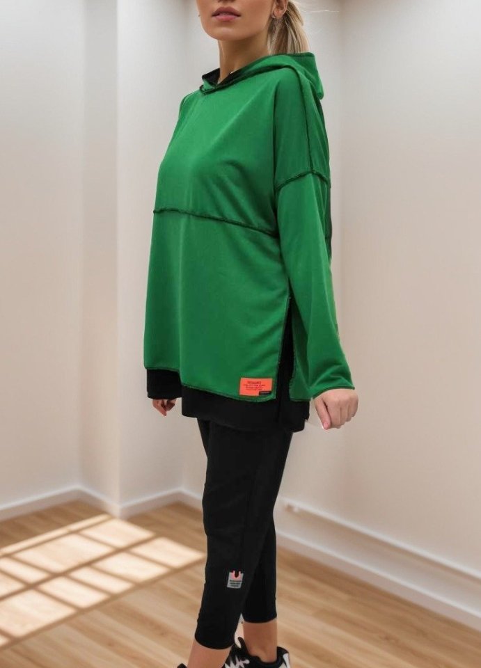 Women's Green Hooded Hem Detail Patch Reverse Stitch Appearance Two-Piece Set