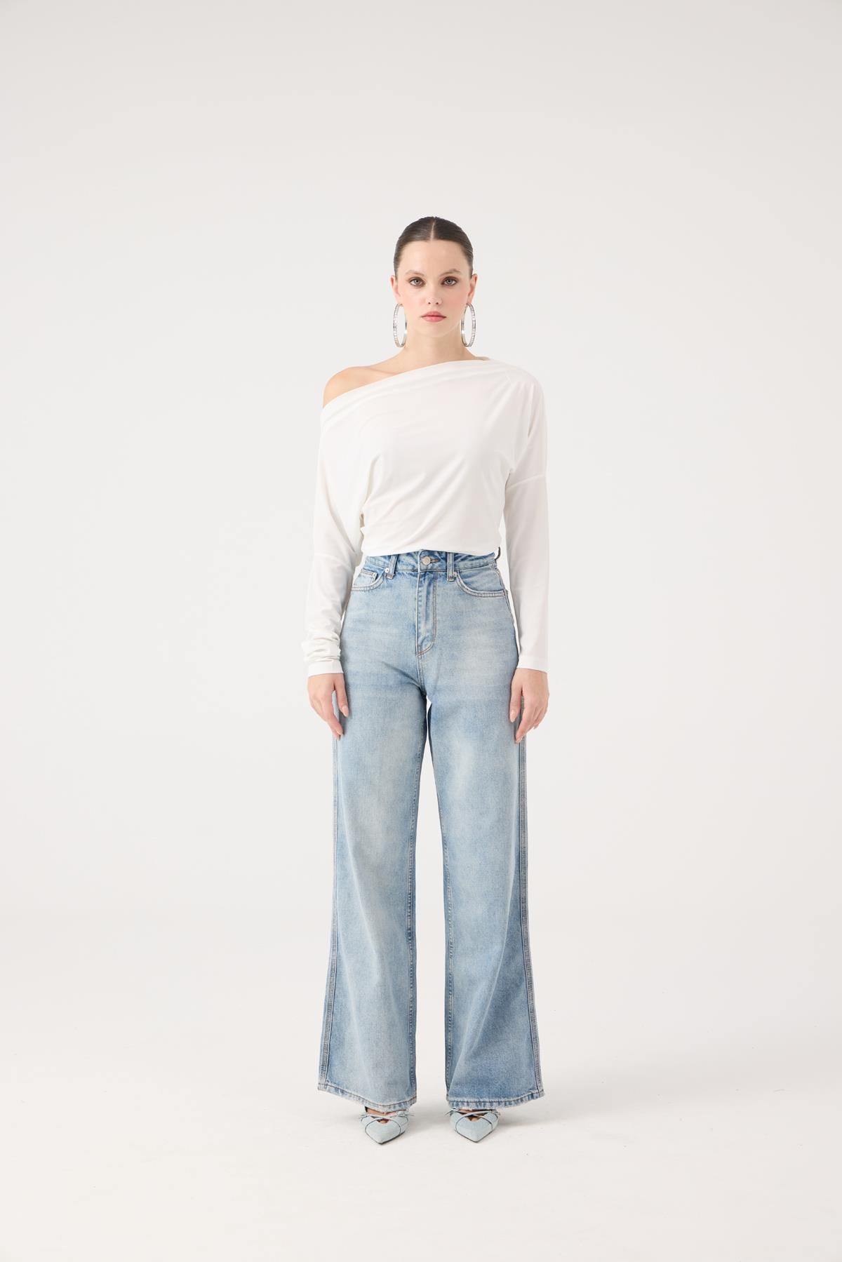 Yüksek Bel Wide Leg Carino Jean Pantolon Mavi