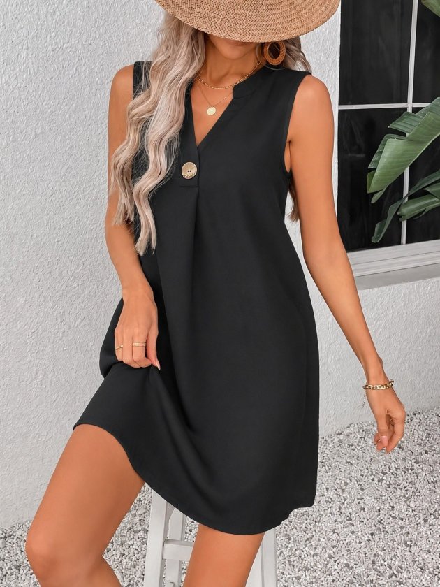 Women's Sleeveless V Stand Collar Buttoned Short Dress