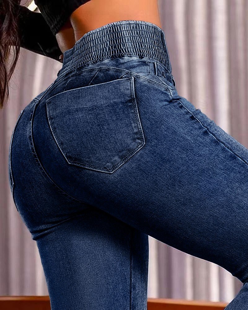Women's High Waist Side Elastic Front Button Denim Pants