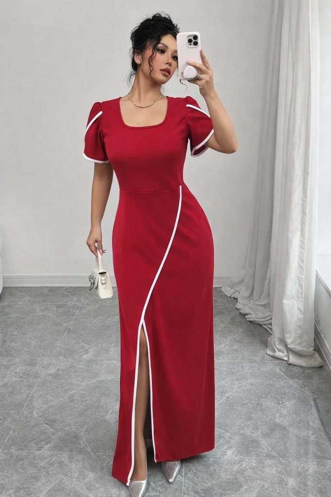Women's Short Sleeve Square Neck Front Cross Cut Detail Crepe Dress