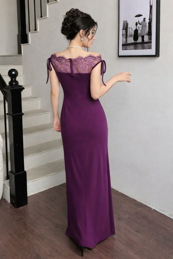 Women's Chest and Collar Lace Detail Boat Neck Look Long Imported Crepe Dress