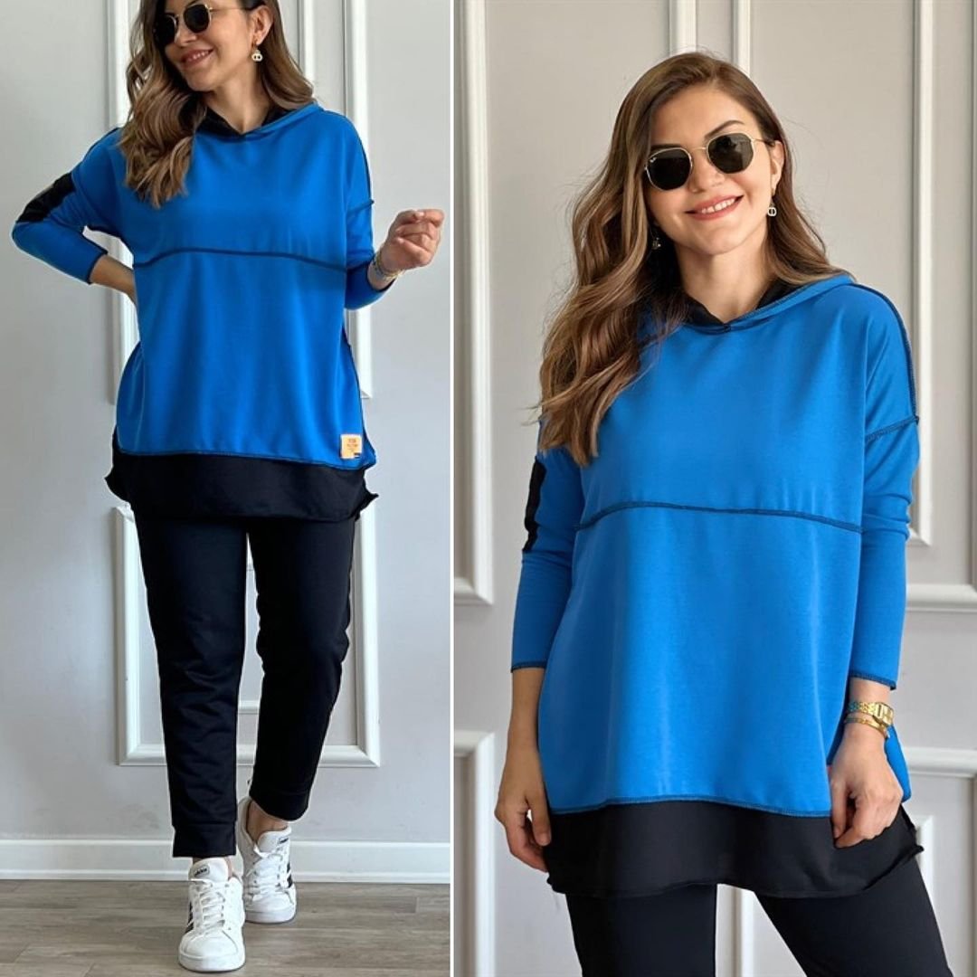 Women's Hooded Hem Detail Emblem Reverse Stitch Look Two-Piece Set
