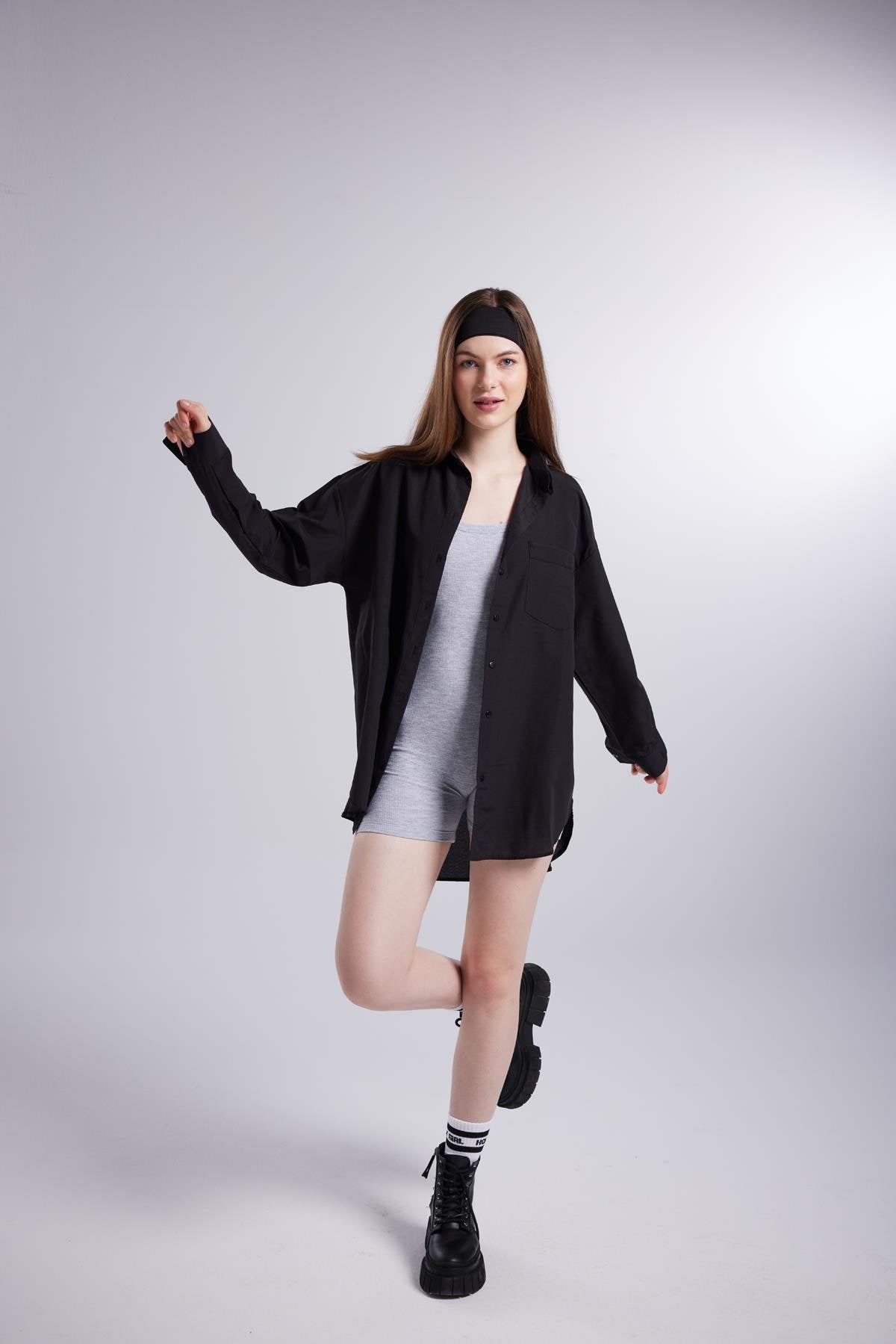 Cepli Oversize Kesim Lovesize Gömlek Siyah