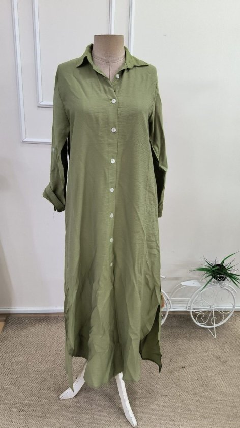 Women's Long Sleeve Collared Front Button Wide Cut Detailed Long Dress