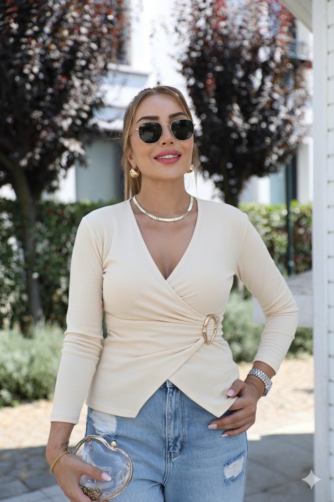 Women's Long Sleeve Wrap Collar Buckle Detail Viscose Blouse