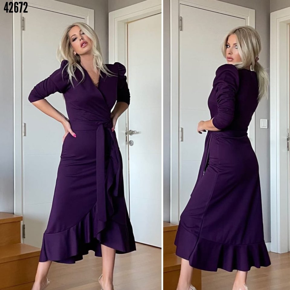 Crepe Fabric Midi Length Long Sleeve Dress with Belt