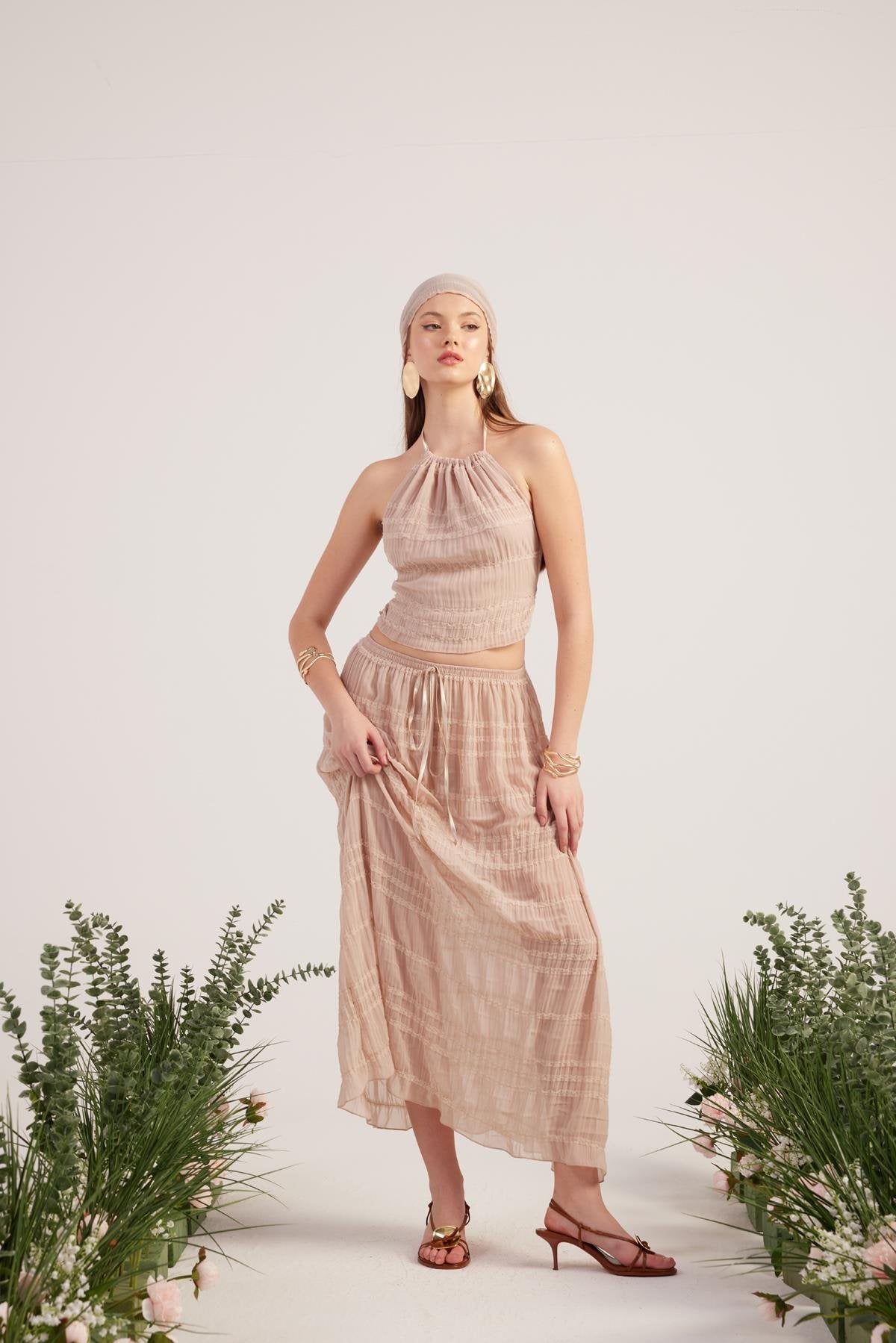 Şal Detaylı Etek Bluz Üçlü Bohemy Takım Bej Bej L