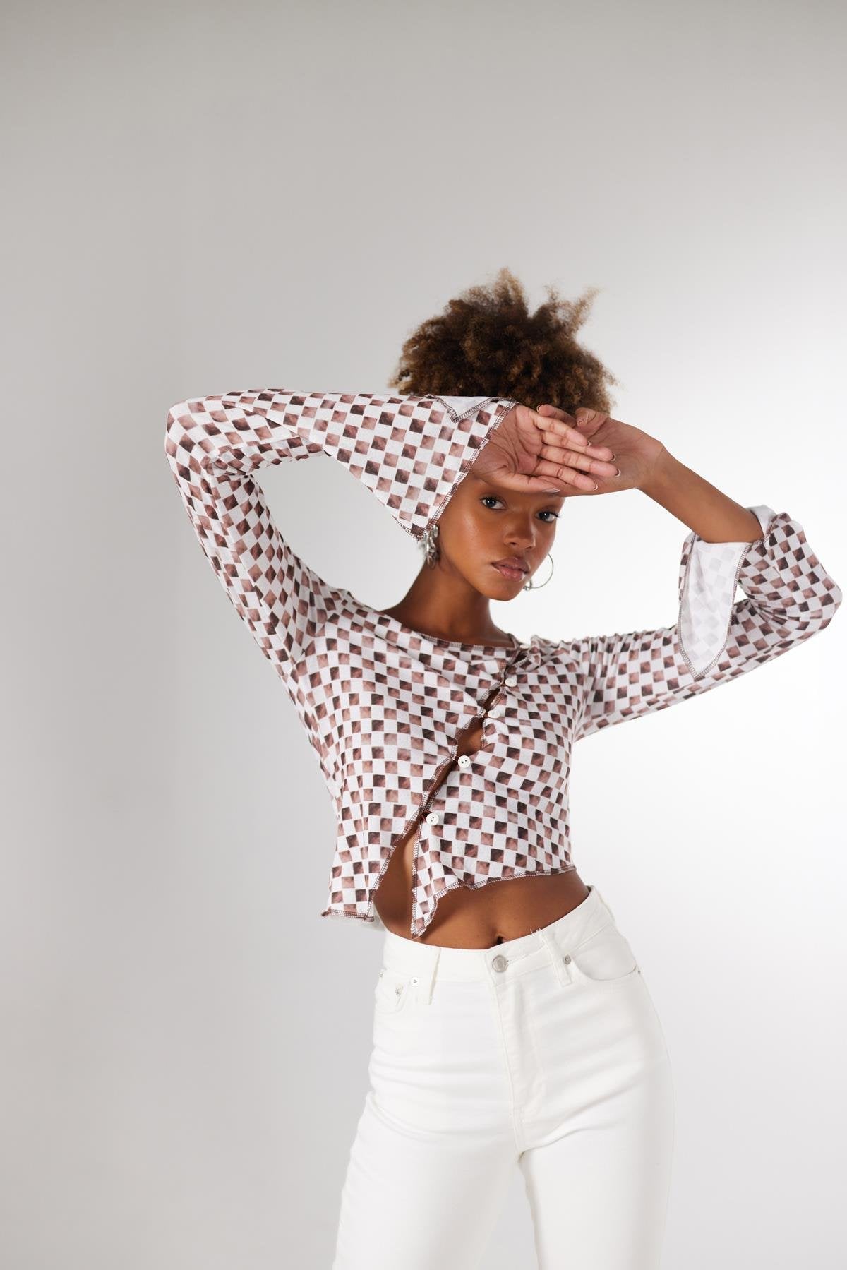 Kadın Kahverengi Damalı Düğme Kapamalı Pierre Bluz Kahve L