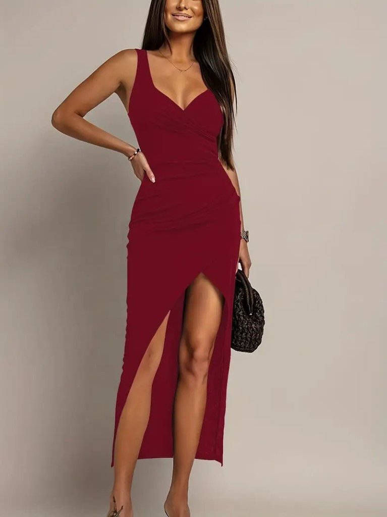 Women's Strappy Wrap Collar Front Asymmetric Cut Detailed Long Imported Dress