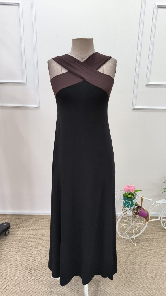 Women's Front Cross Detail Two-Tone Long Viscose Dress