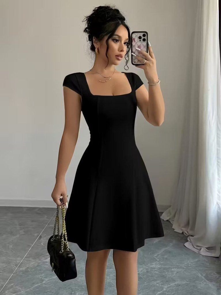Women's Short Sleeve Square Neck Short Imported Crepe Dress