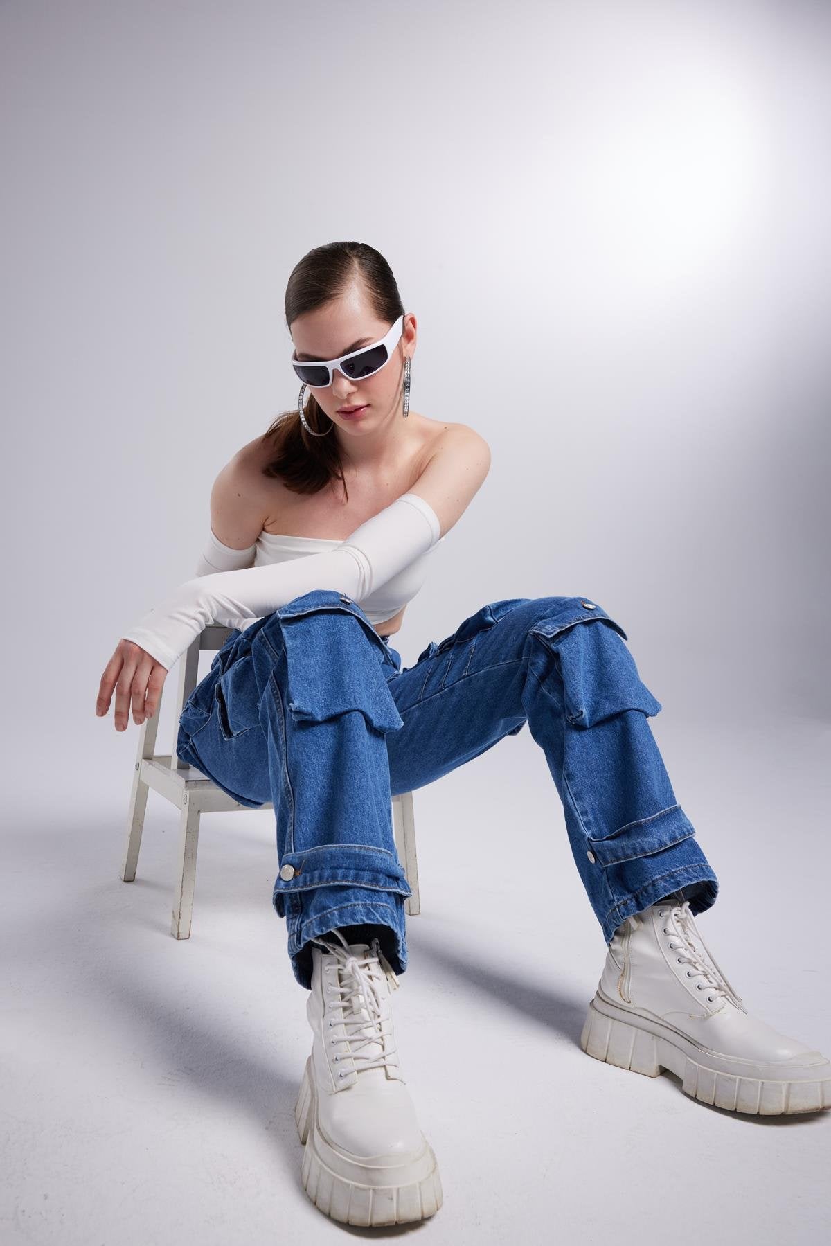 Yüksek Bel Wide Leg Cargo Jean Pantolon Mavi