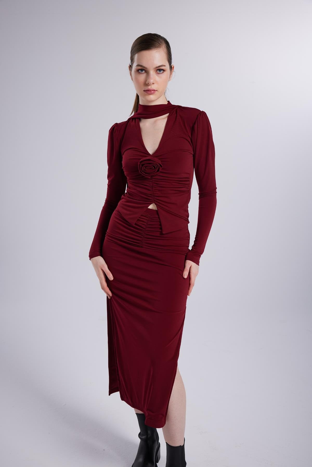 Şal Yaka Detaylı Serre Bluz Bordo