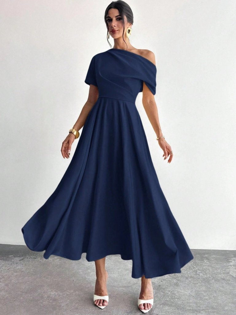 Women's Off-Shoulder Short Sleeve Pleated Shoulder Long Janjan Crepe Dress