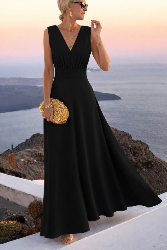 Women's Sleeveless V-Neck Waist Corset Detail Long Imported Crepe Dress