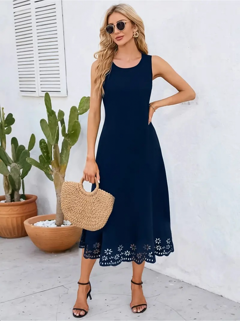 Women's Sleeveless Laser Cut Floral Patterned Midi Length Imported Crepe Dress