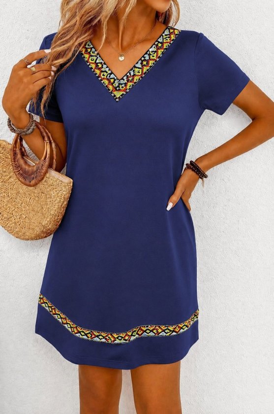 Women's Short Sleeve V Neck Ethnic Pattern Stripe Detail Viscose Dress