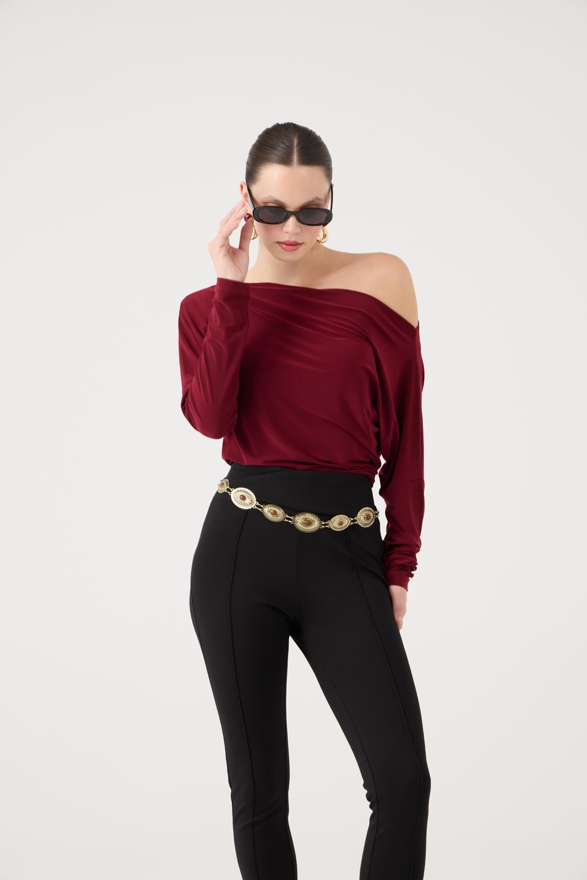 Asimetrik Yaka Talia Bluz Bordo