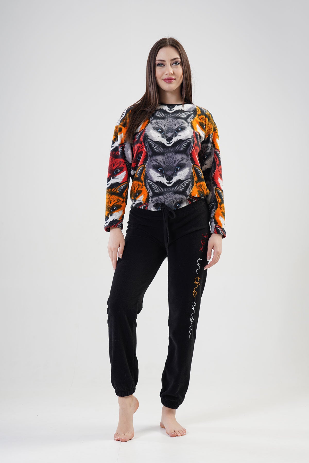 BAYAN POLAR O YAKA DUSUK OMUZLU UZUN KOL BELI PACASI BUZGULU PIJAMA TAKIM