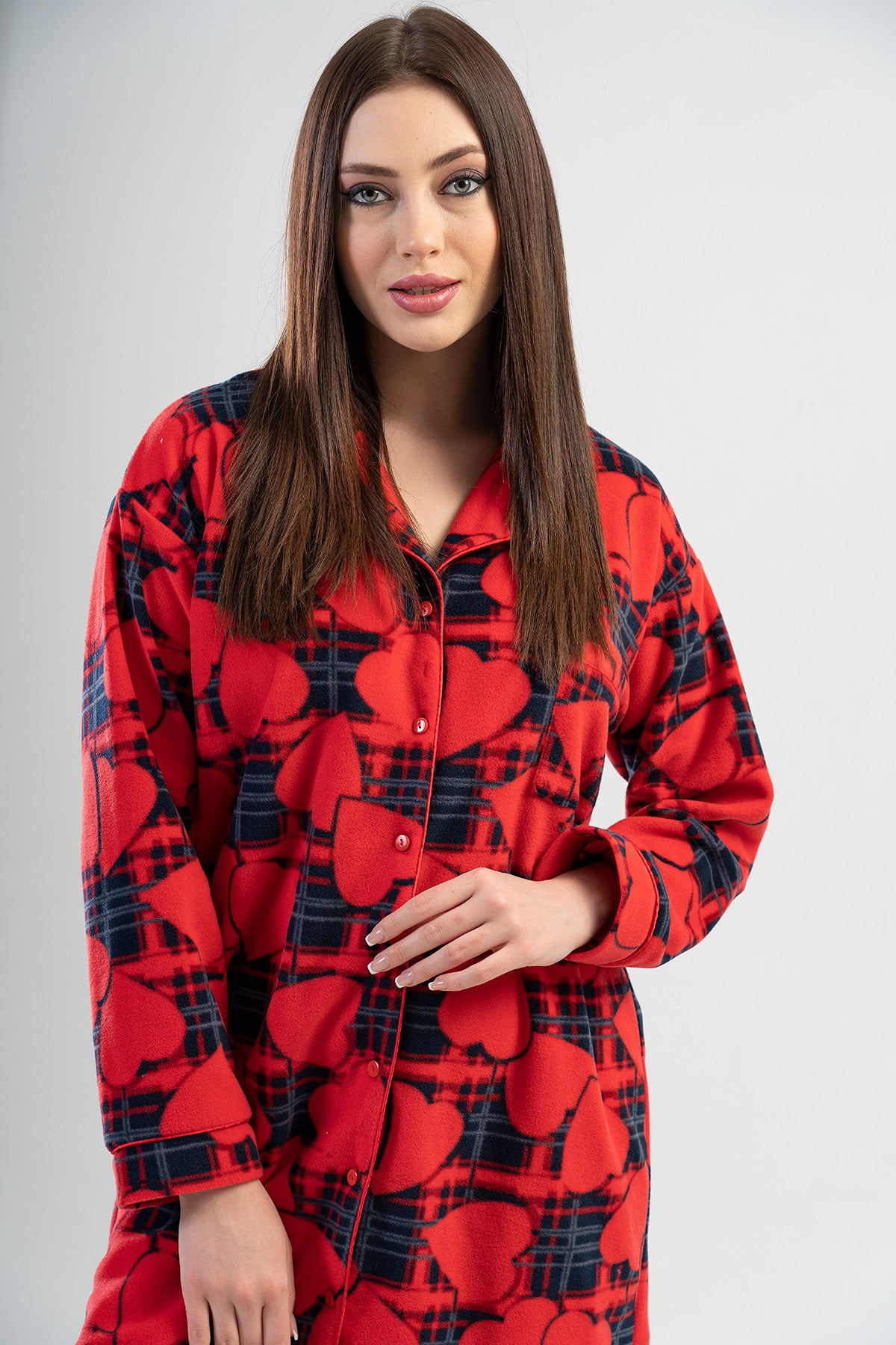 BAYAN POLAR TAMAMI DUGMELI UZUN KOL ETEGI OVAL CEPLI TUNIK